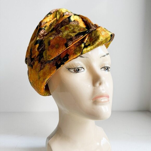 Vintage Custom Made Floral Orange Brown Gold Lurex Pill Box Hat M - Picture 7 of 11